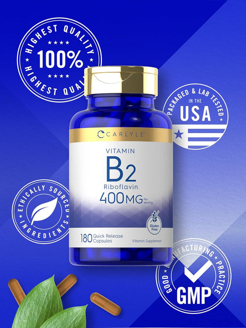 Carlyle Vitamin B-2 400mg | 180 Count | Non-GMO, Gluten Free Supplement | Riboflavin