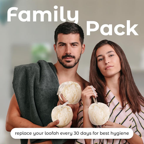 MainBasics Seaweed Infused Bath Shower Loofah Sponge Pouf, Body Wash Scrubber Set of 3