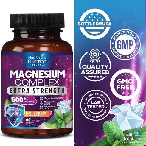 Magnesium Complex Supplement 500mg | 60 Capsules | High Absorption Chelated Magnesium with Glycinate, Oxide, Malate,