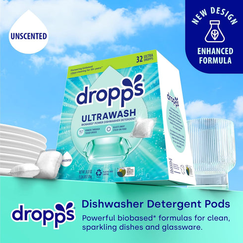 Dropps Dishwasher Detergent Pods, Unscented, 32 Count, Cuts Grease & Fights Stuck On Food
