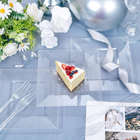 DaYammi 100 Pcs Silver Glitter Dessert Plates, 6" with 50 Plastic Forks, Fancy Gold Plates for 50 Guests