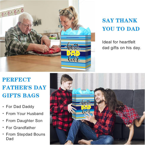FaCraft Father's Day Gift Bag - 13" Large Happy Father's Day Paper Bag with Tissue Paper for Dad, Stepdad, Grandfather