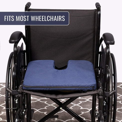 DMI Sloping Back Foam Seat Cushion - Coccyx Pain Relief, Navy, 16 x 18 x 2 – 4 Inches, With Cover