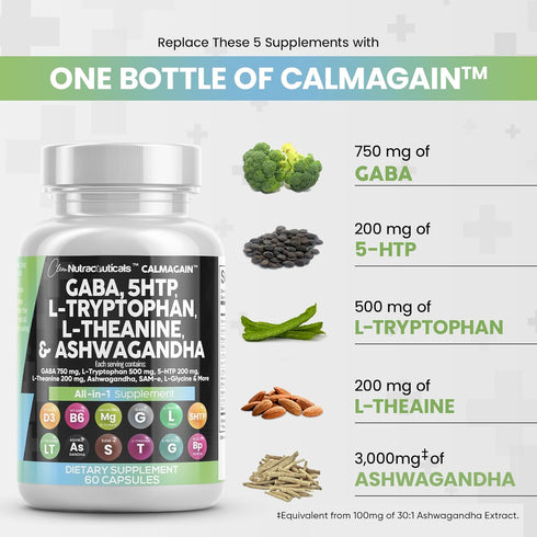 Clean Nutraceuticals GABA 750mg - Mood Support Vitamins with 5 HTP, L Tryptophan, Ashwagandha & More