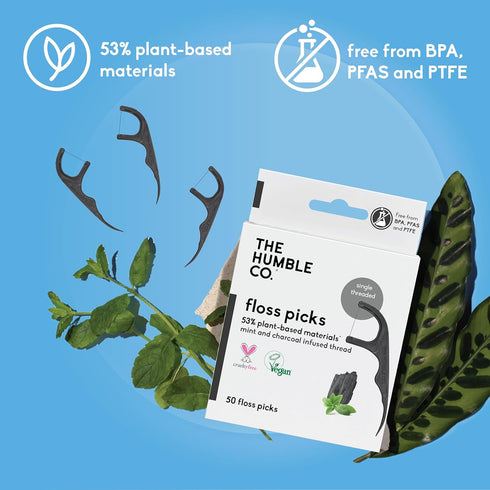 The Humble Co. Floss Picks (200 Count) – Plant Based Dental Floss Picks for Superior Oral Care and Gum Health (Charcoal)