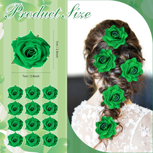 Yilloog 12 Pack Rose Hair Clip Flower, 2.8'' Floral Hairpins for Women, Wedding Pack Hair Accessories (Green)