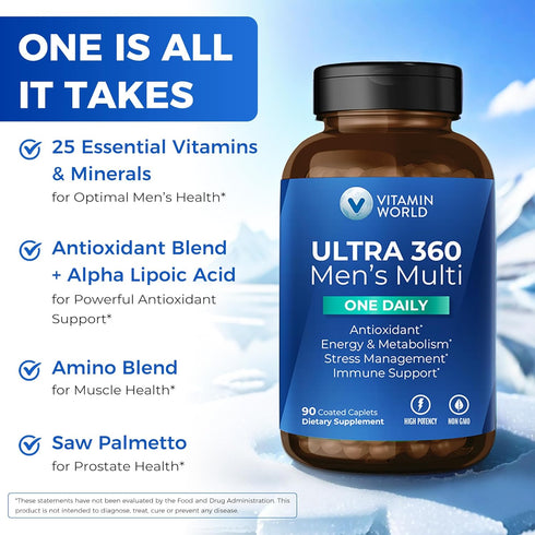 Vitamin World Ultra 360 Multivitamin for Men One Daily - 90 Caplets with Minerals, Herbs & Antioxidants