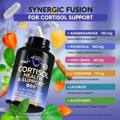 Cortisol Supplement 600 mg 60 Capsules - 11-in-1 Hormone Balance for Women, Mood, Focus, Sleep Support, Vegan, Non-GMO
