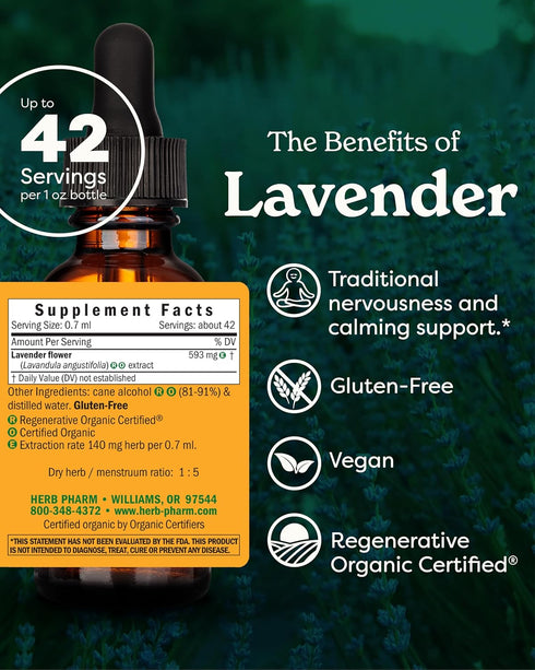 Herb Pharm Certified Organic Lavender Flower Liquid Extract, 1 Fl Oz for Calming Support