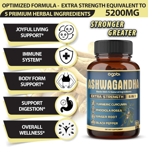 Ashwagandha Extract Capsule, Great Strength, 5in1 Ginger, Turmeric, Rhodiola Rosea & Black Pepper, 90 Capsules