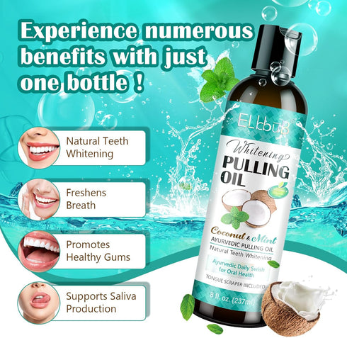Coconut Pulling Oil, Ayurvedic Mint Oil Pulling Mouthwash with Tongue Scraper, 8 Fl. Oz for Fresh Breath & Healthy Gums
