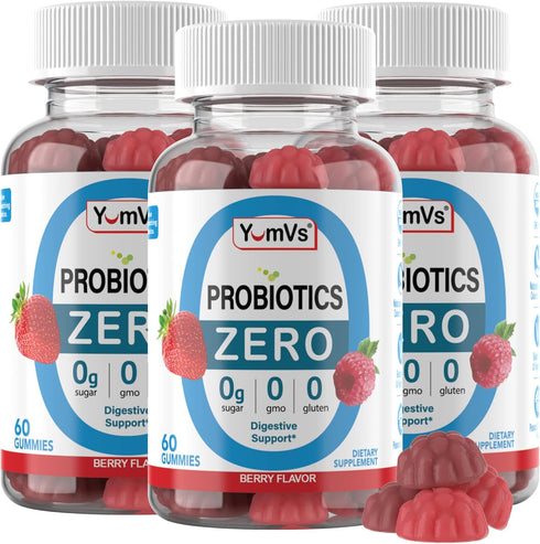 YUM-V'S Zero Sugar Probiotic Gummies, 60ct Sugar Free Digestive Health Supplements for Women, Men & Kids
