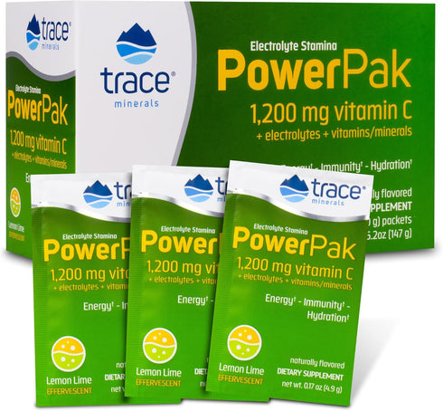 Trace Minerals Power Pak Electrolyte Powder Packets - 30 Packets - 1200 mg Vitamin C, Zinc, Magnesium