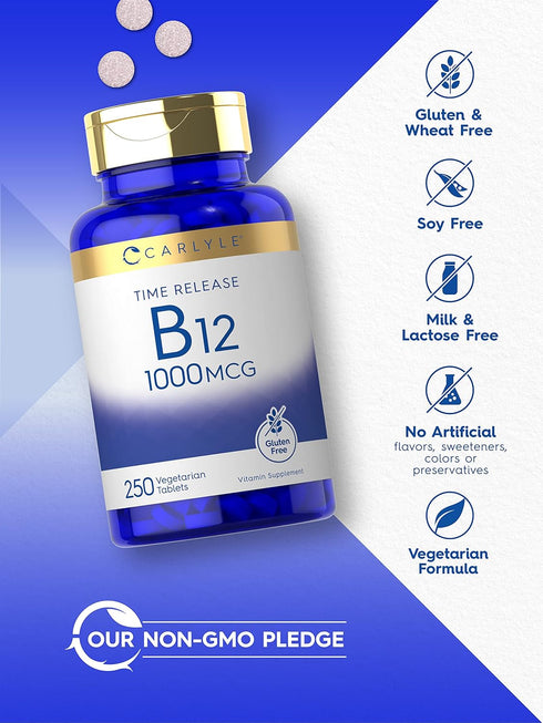Carlyle Vitamin B12 10,000 mcg Time Release Tablets, 250 Count - Vegetarian, Non-GMO, Gluten Free
