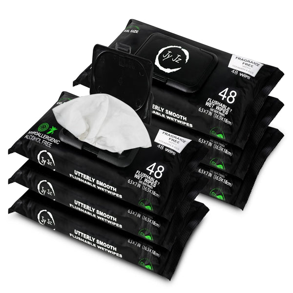JYJZ Flushable Wet Wipes, 6 Pack (288 Wipes), New & Improved Fragrance Free,