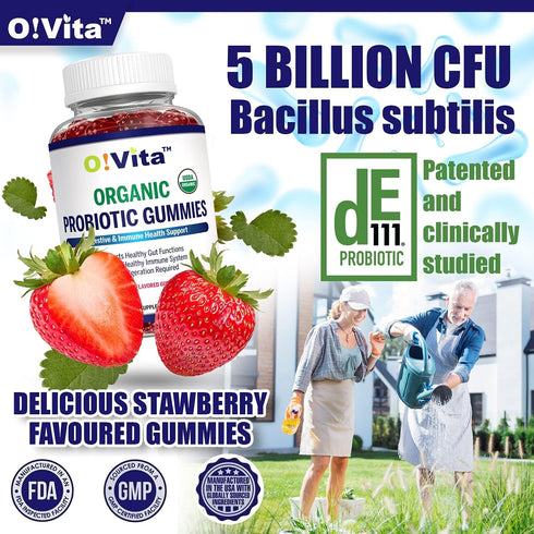 Organic Probiotic Gummies, 60 Non-GMO Gummies, 5 Billion CFU, Max Strength, Strawberry Flavored, Gut Health and Immune