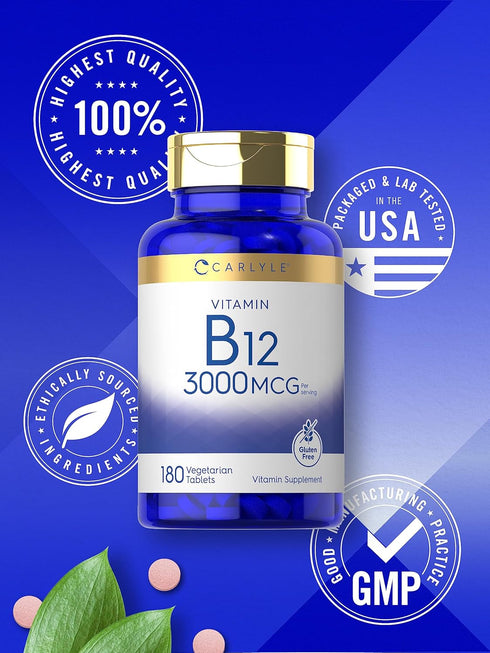 Carlyle Vitamin B-12, 3000mcg, 180 Tablets for Adults, Vegetarian, Non-GMO, Gluten Free Supplement