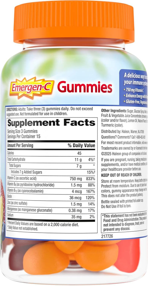 Emergen-C 750mg Vitamin C Gummies for Adults - Immune Support, Gluten Free, Strawberry, Lemon, Blueberry - 45 Count