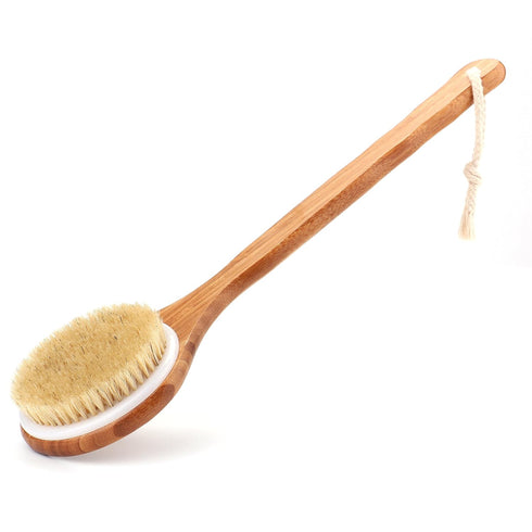Shower Brush with Natural Bristle, Long Bamboo Handle Bath Body Brush for Wet or Dry Brushing