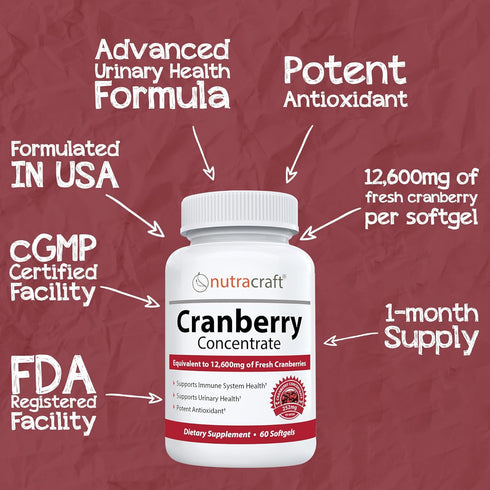 #1 Cranberry Extract Supplement for Bladder & Urinary Tract Support | 12,600 mg Fresh Cranberries, 60 Softgels