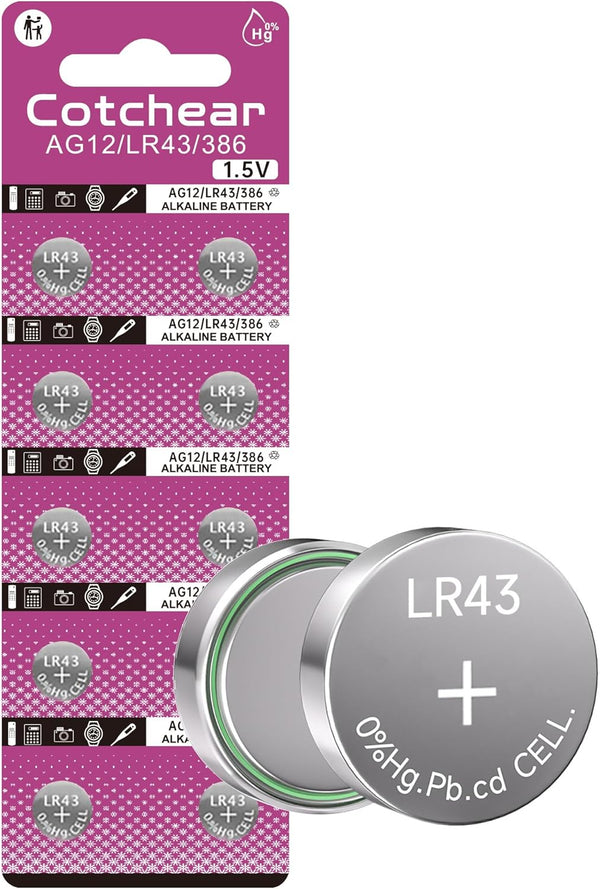 Cotchear 10pcs LR43 Batteries - 1.5V AG12 Button Cell Battery for Watch Toys