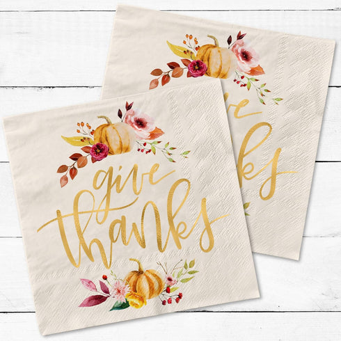 xo, Fetti 50 Count Thanksgiving Gold Foil Napkins, 5 x 5 Inches, 3ply, Autumn Leaves, Pumpkins, Fall Table Decorations