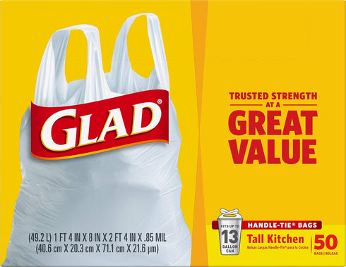 Glad Trash Bags, 13 Gallon White Handle-Tie Garbage Bags, 50 Count (Package May Vary)