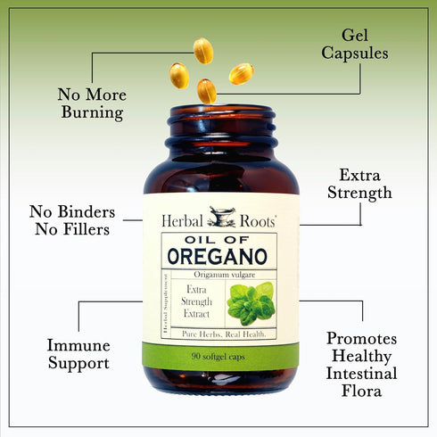 Herbal Roots Oil of Oregano - Mediterranean Oregano Oil - 90 Easy to Swallow Softgel Capsules - Extra Strength 150mg