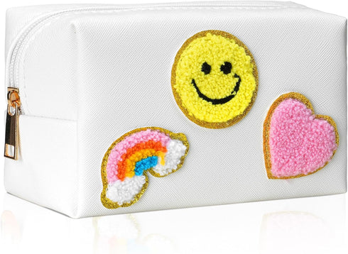 WECOOL Makeup Bag - Cute Smiley Face & Heart Pattern Preppy Patch Makeup Bag, Portable Large Capacity Cosmetic Bag for