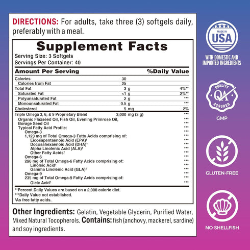Vitamin World Triple Omega 3-6-9 3000mg with Fish, Flax, Borage & Evening Primrose Oils, 120 Softgels