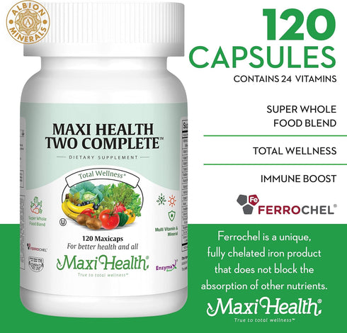 Maxi Health Two Complete Multivitamins and Minerals, Full Potency, 120 Capsules, Kosher