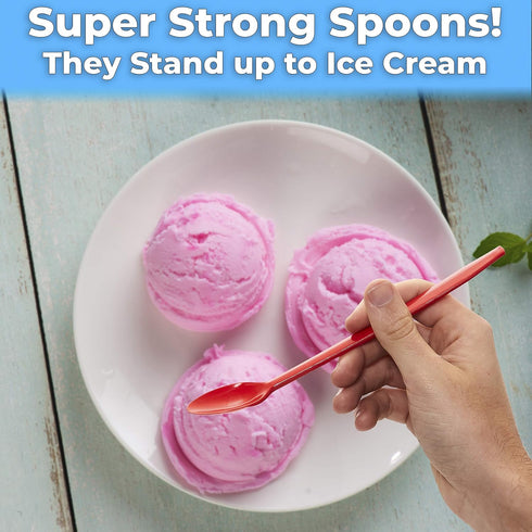 Extra Long Red 8in Premium Sundae Spoons - 50ct Heavy Duty Disposable Plastic Utensils for Ice Cream