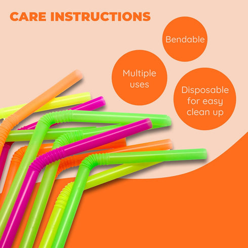 Jacent Flexible Disposable Drinking Straws, 125 Count Neon Bendy Plastic Straws for Summer Drinks & Crafts