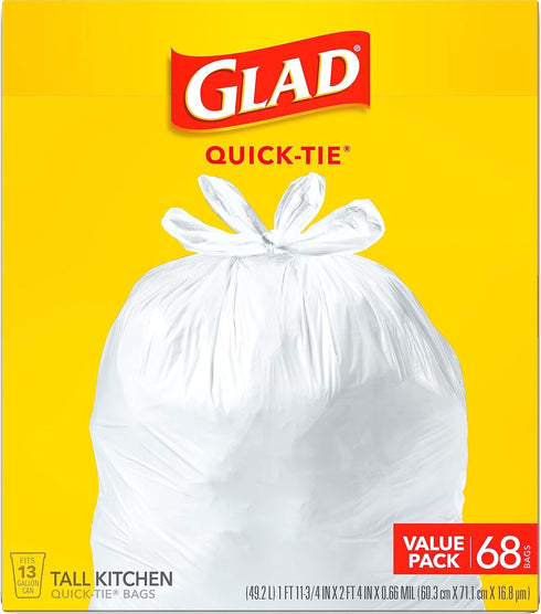 Glad Trash Bags, 13 Gallon Tall Kitchen Quick-Tie Garbage Bags, 68 Count, White, Pack May Vary