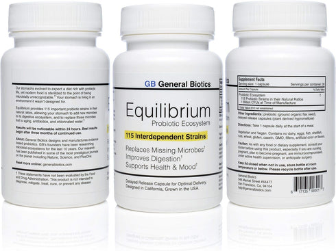 Equilibrium Probiotic Supplement with Prebiotic – Daily Time Release, 30 Easy to Swallow Capsules, 115-Strains