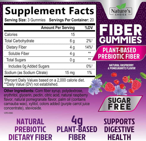 Sugar Free Fiber Gummies for Adults, Daily Prebiotic Fiber Supplement & Digestive Health Support - Supports Regularity & Digestive Health, Nature's Plant Based, Non-GMO, Berry Flavor - 60 Gummies