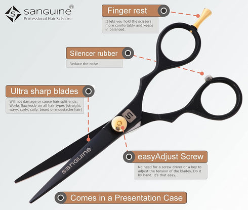 Sanguine Hair Scissors, 5.5 inch, with Presentation Case & Tip Protector for Hairdressers, Barbers, Personal Use