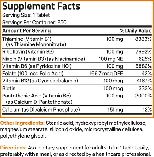 Bronson Super B 100 Vitamin B Complex - Sustained Release, Supports Energy Metabolism & Nervous System, 250 Tablets