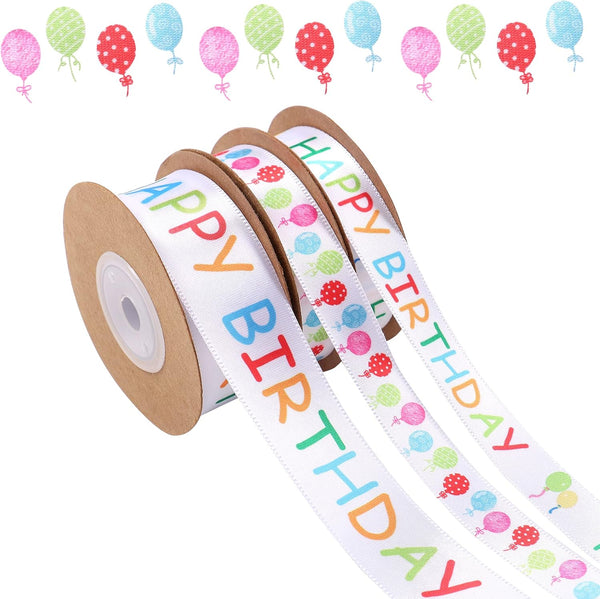MAMUNU 3 Rolls Happy Birthday Ribbon, 3/5" and 1" Wide White Satin Polyester Ribbon for Gift Wrapping, 30 Yards