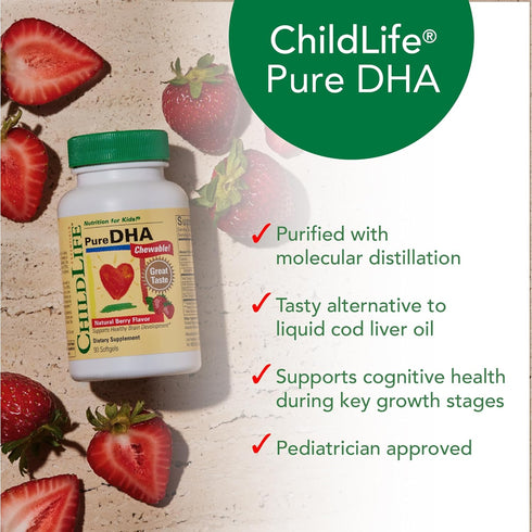 CHILDLIFE ESSENTIALS Pure DHA for Kids, DHA Supplements, Natural Berry, 90 Softgels