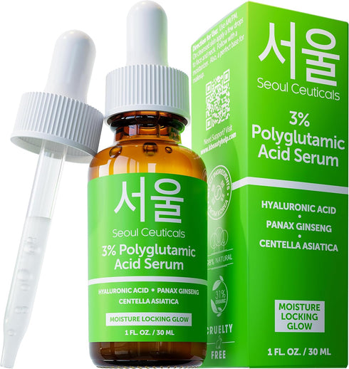 SeoulCeuticals Organic Polyglutamic Acid Serum - K Beauty Anti Aging with Hyaluronic Acid & Centella Asiatica (1oz)
