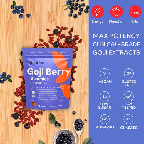 Reprise Goji Berry Superfood Gummies - All-Natural Antioxidant, 240 mg Full-Potency, Low-Sugar, Vegan