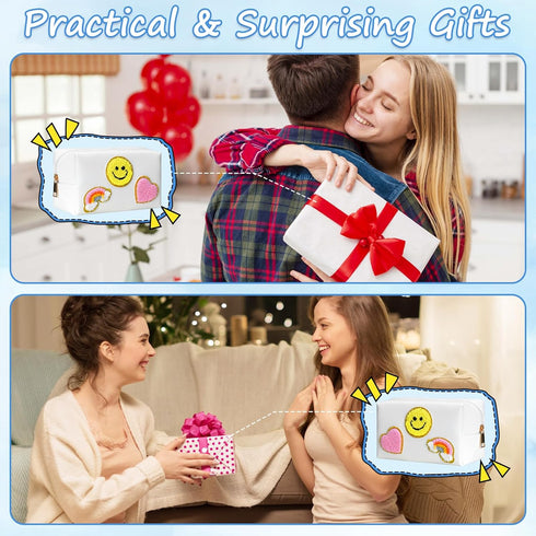 WECOOL Makeup Bag - Cute Smiley Face & Heart Pattern Preppy Patch Makeup Bag, Portable Large Capacity Cosmetic Bag for