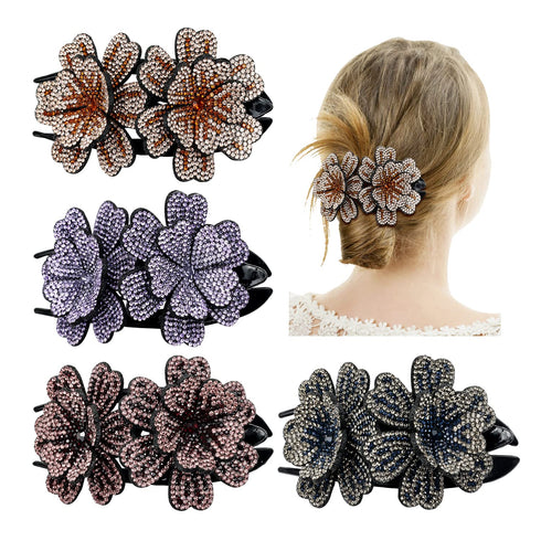 inSowni 4 Pack Luxury Fancy Gems - Korean Decorative Glitter Crystals Double Flower Hair Claws for Women Girls