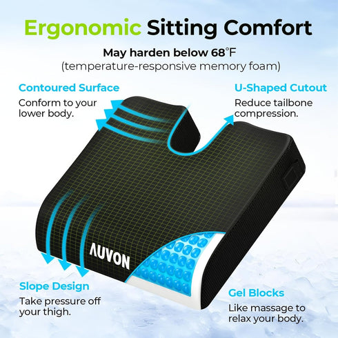 AUVON Gel Wheelchair Seat Cushion, Relieve Sciatica, Back, Coccyx, Pressure Sore and Ulcer Pain, Refreshing Ergonomic