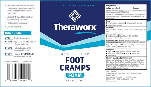 Theraworx Fast-Acting Foam, 3.4 Fl Oz for Foot Cramp Relief with Magnesium Sulfate, 1 Count