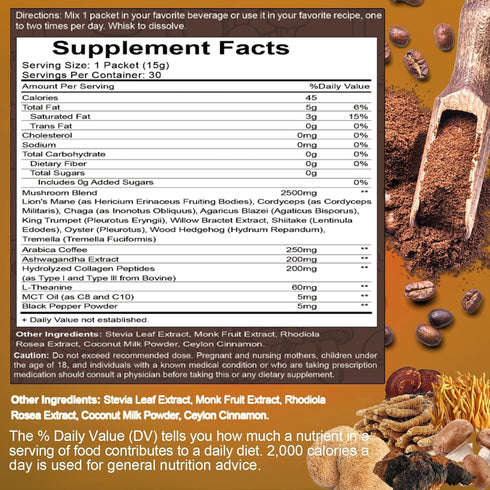 RIOWEGO Powder,10-in-1 Immunity, Focus-30 Mushroom Coffee Mushroom Superfood Adaptogen Mix-Organic Lion's Mane, Chaga