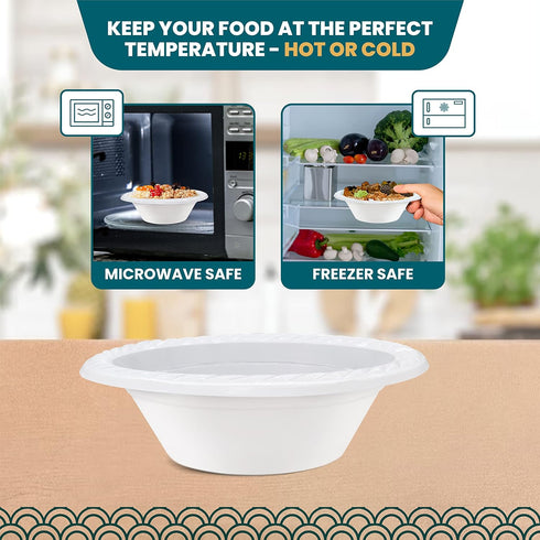 R-kay 12 Oz Plastic Bowls, 100 Count Microwavable Disposable Bowls, Heavy Duty White Plastic