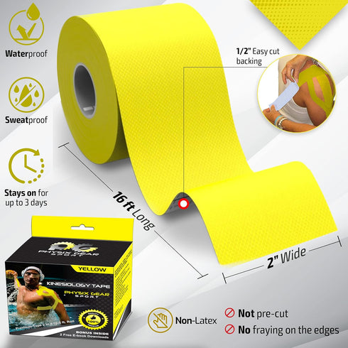 Physix Gear Cotton Kinesiology Tape Roll 16ft, Latex-Free Athletic Tape for Muscles/Joints, Waterproof