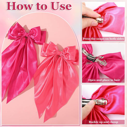 Large Pink Oversized Hair Bows, 4 Pack Satin Ribbons and Long Tail Barrettes for Women Girls